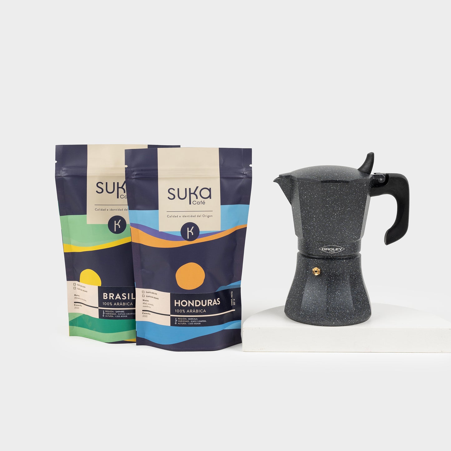 Pack Café Honduras + Café Brasil+ Cafetera Italiana Petra 6 taza V.2