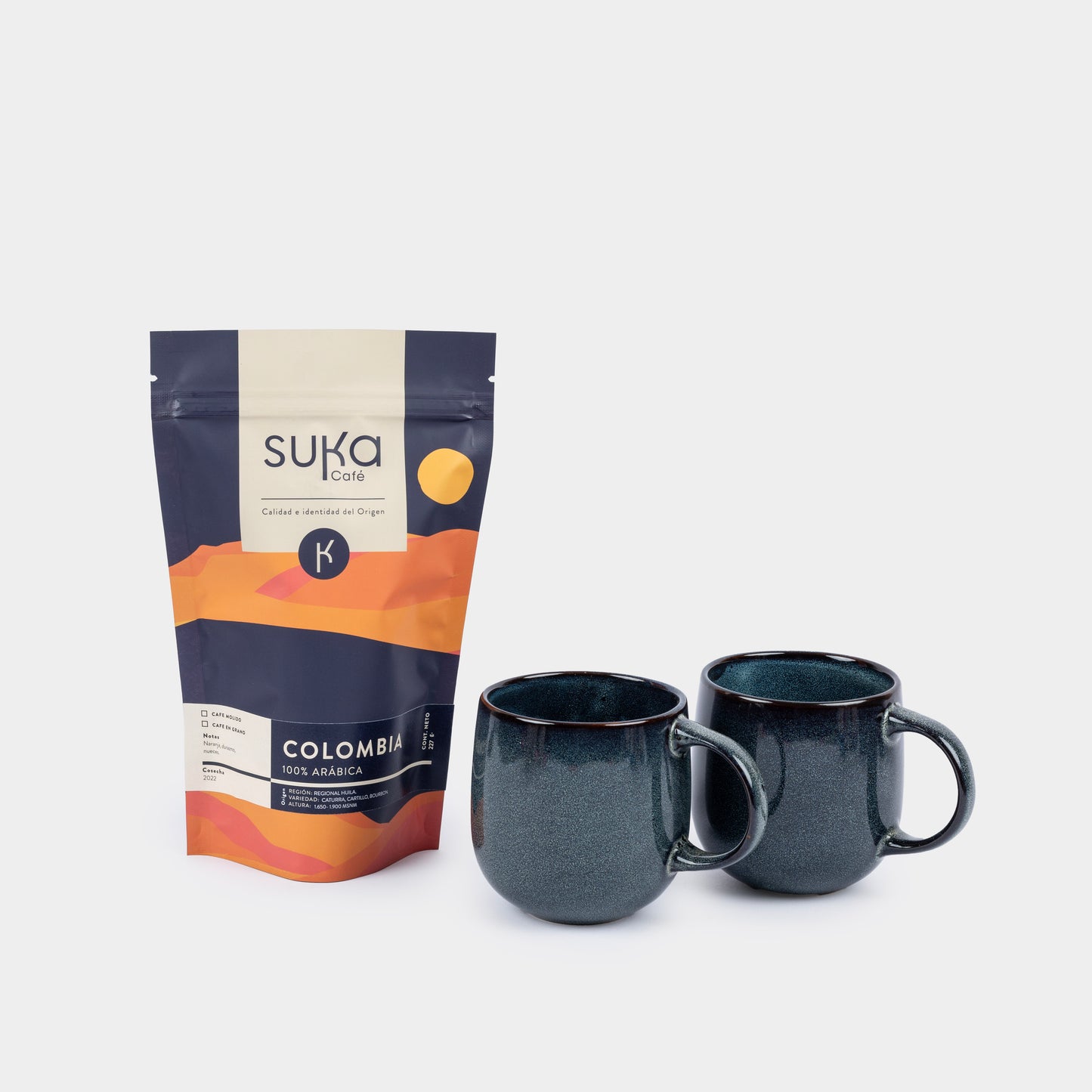 Café Colombia Regional Huila 227gr + 2 Tazas Antioquía Azul 350ml