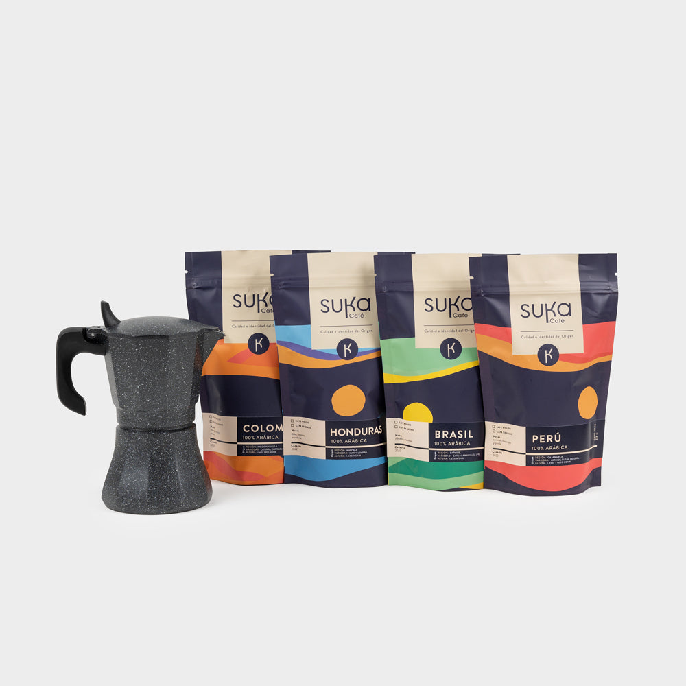 Pack Surtido Cuatro Café + Cafetera Italiana Petra 6 taza